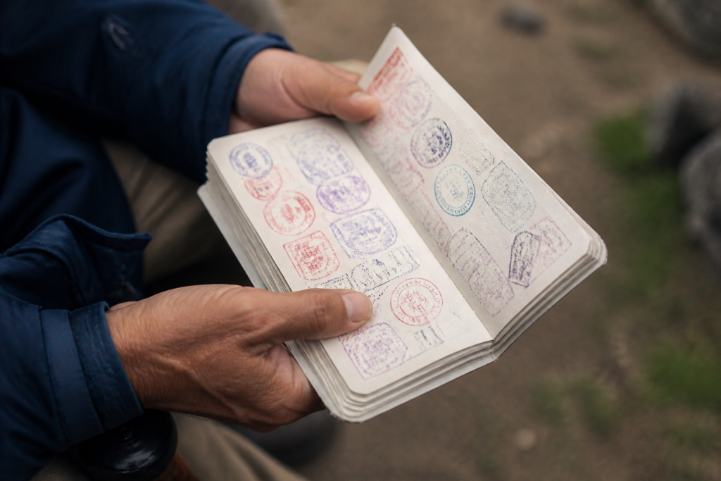 Carnet ouvert pages tampons accumules traces pelerinage
